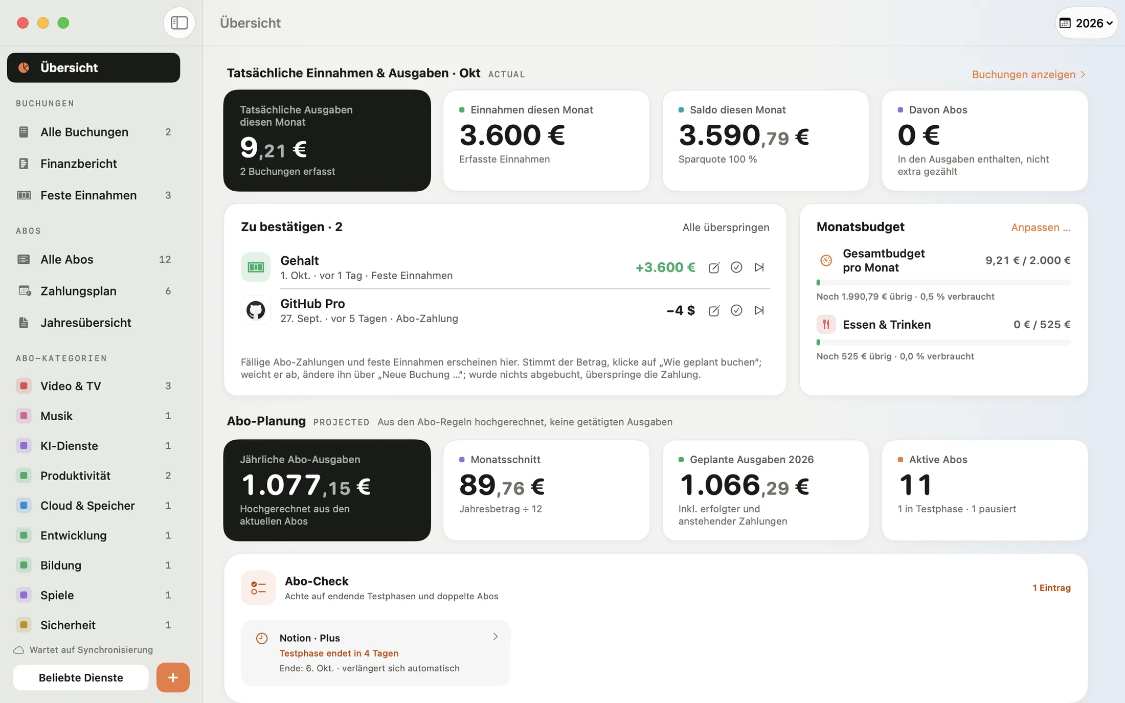 Übersicht in Mili für Mac: Monatsschnitt, Zahlungen pro Monat im Jahresverlauf und Abo-Check