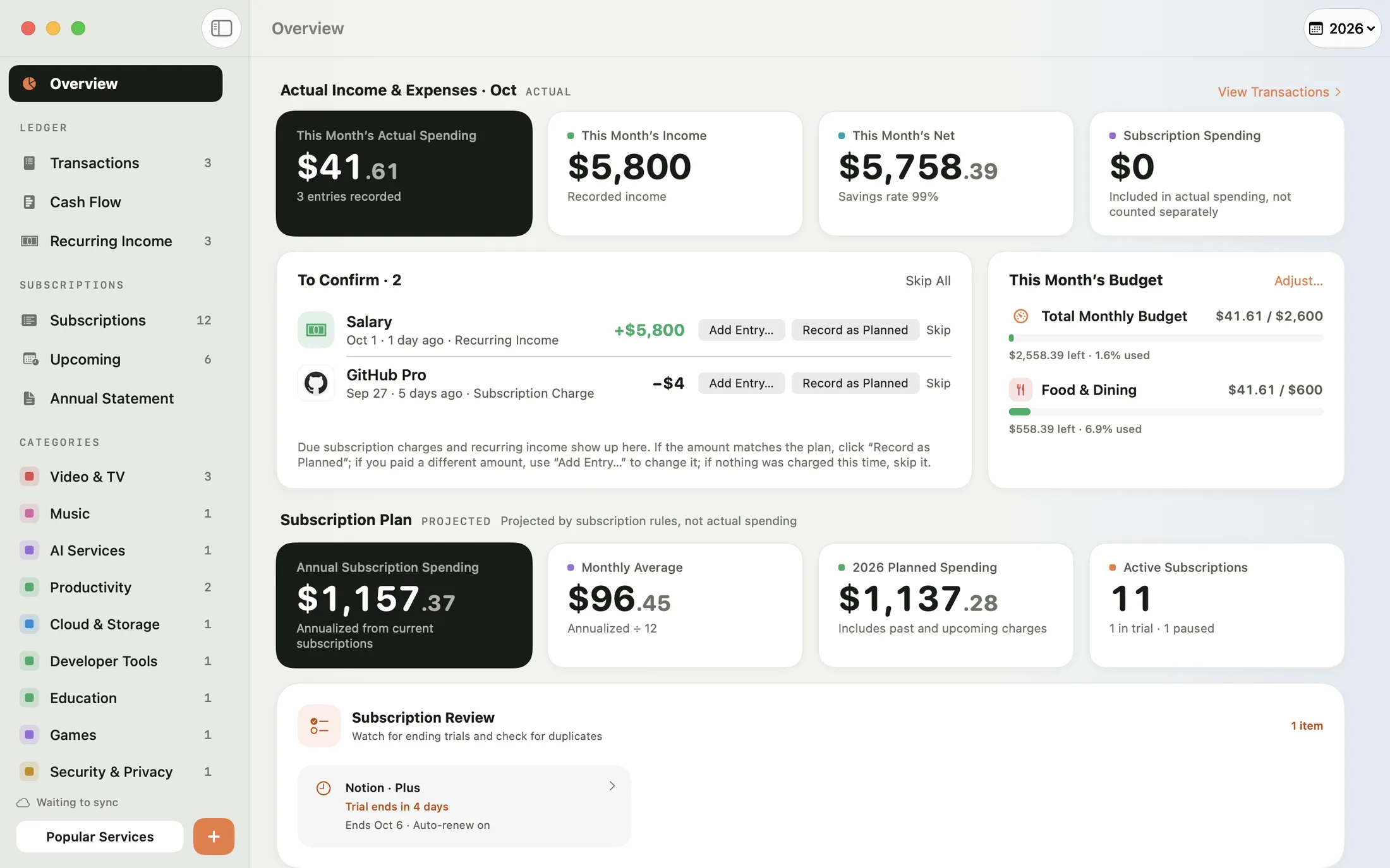 Mili for Mac Overview showing average monthly spending, charges by month for the year, and Subscription Review