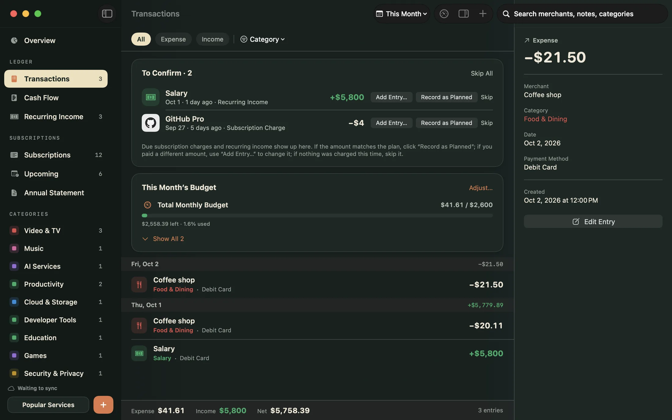 Mili for Mac Ledger showing income and expenses grouped by day and this month’s budget