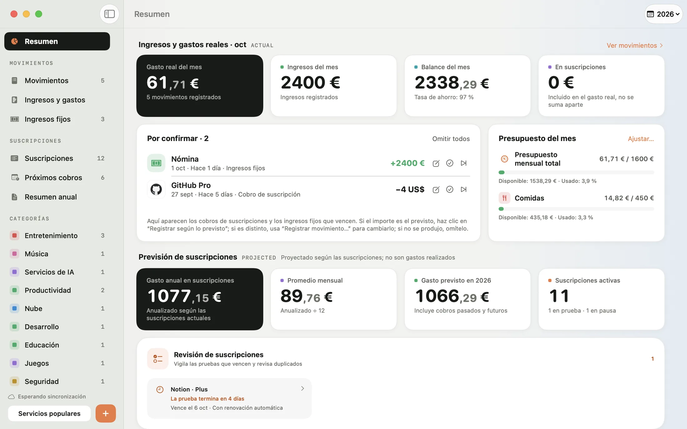 Resumen de Mili en el Mac: promedio mensual, cobros de cada mes del año y Revisión de suscripciones