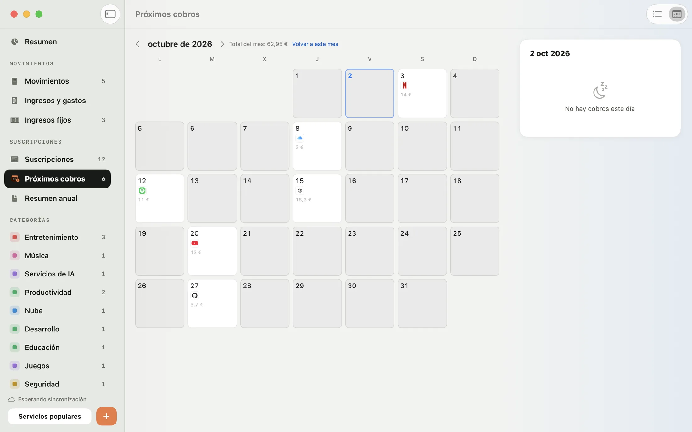 Calendario de cobros de Mili en el Mac: las suscripciones que se cobran cada día y el total del mes