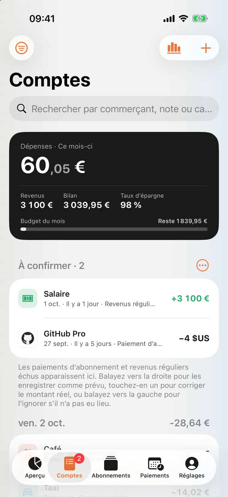 Page Comptes de Mili sur iPhone