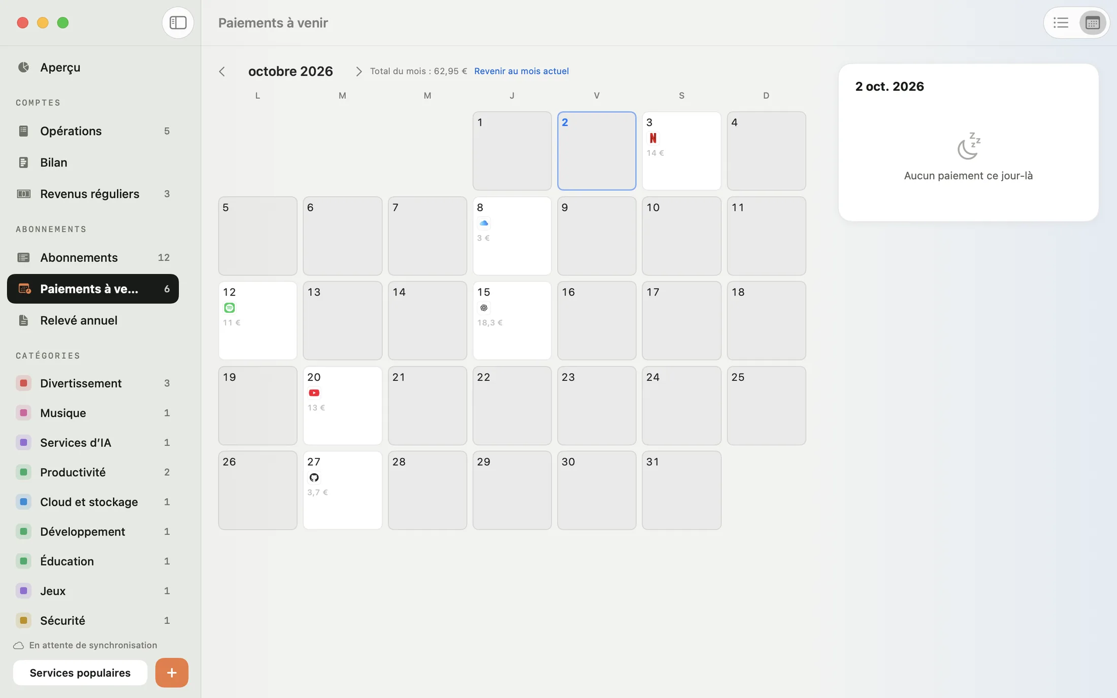 Calendrier des paiements de Mili sur Mac : abonnements à payer chaque jour et total du mois