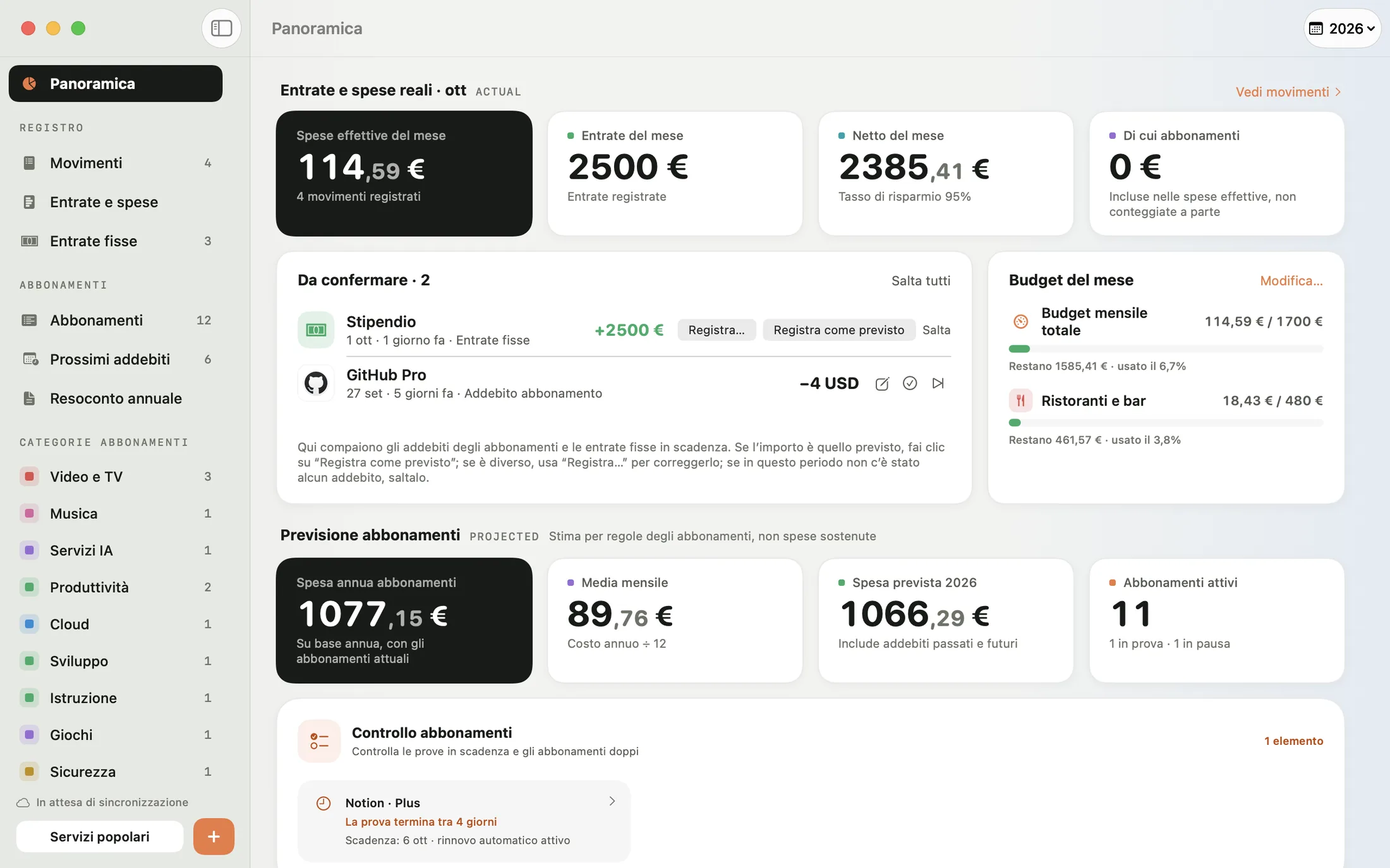 Panoramica di Mili per Mac: spesa media mensile, addebiti mese per mese e controllo abbonamenti
