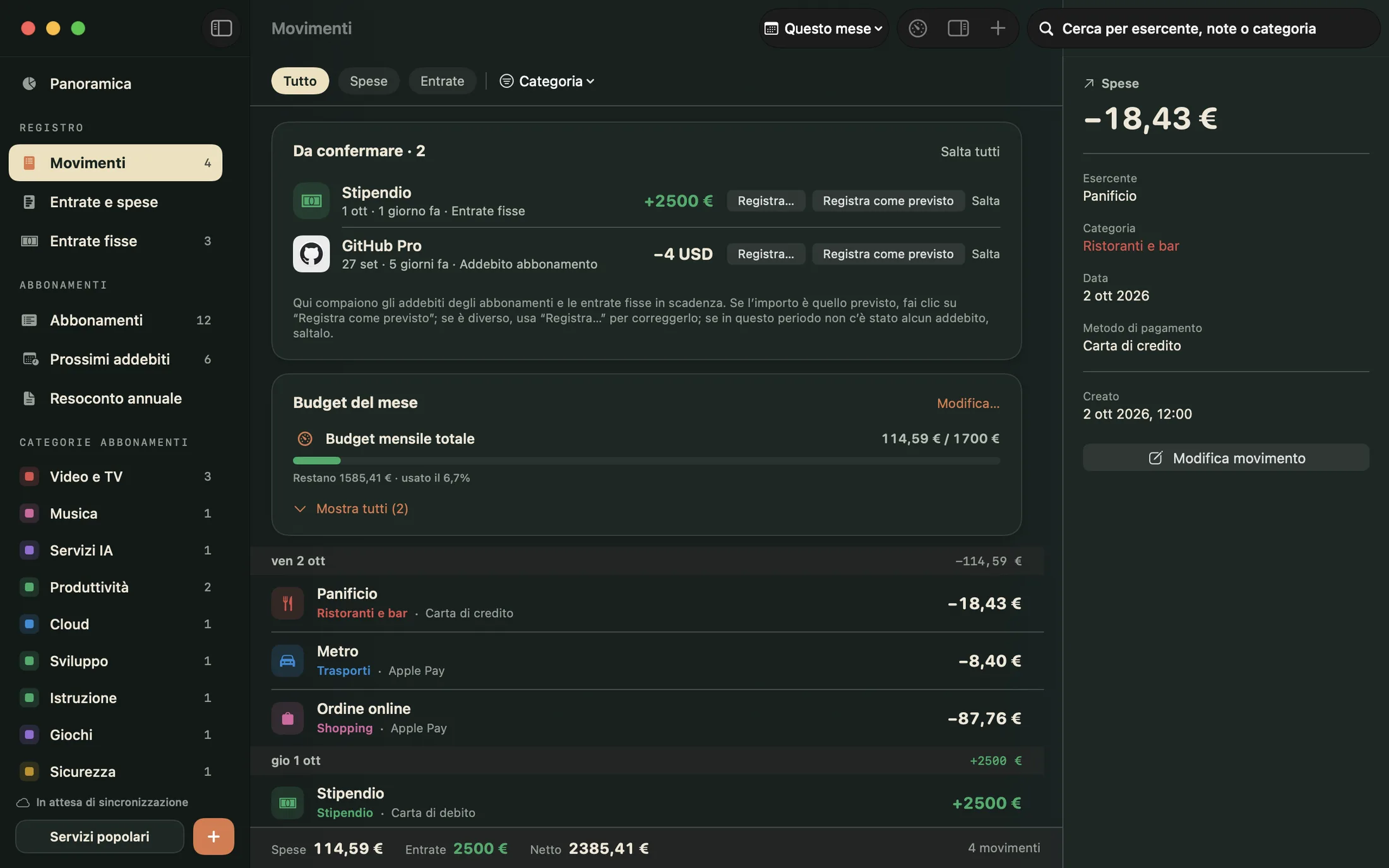 Registro di Mili per Mac: entrate e spese raggruppate per giorno e budget del mese