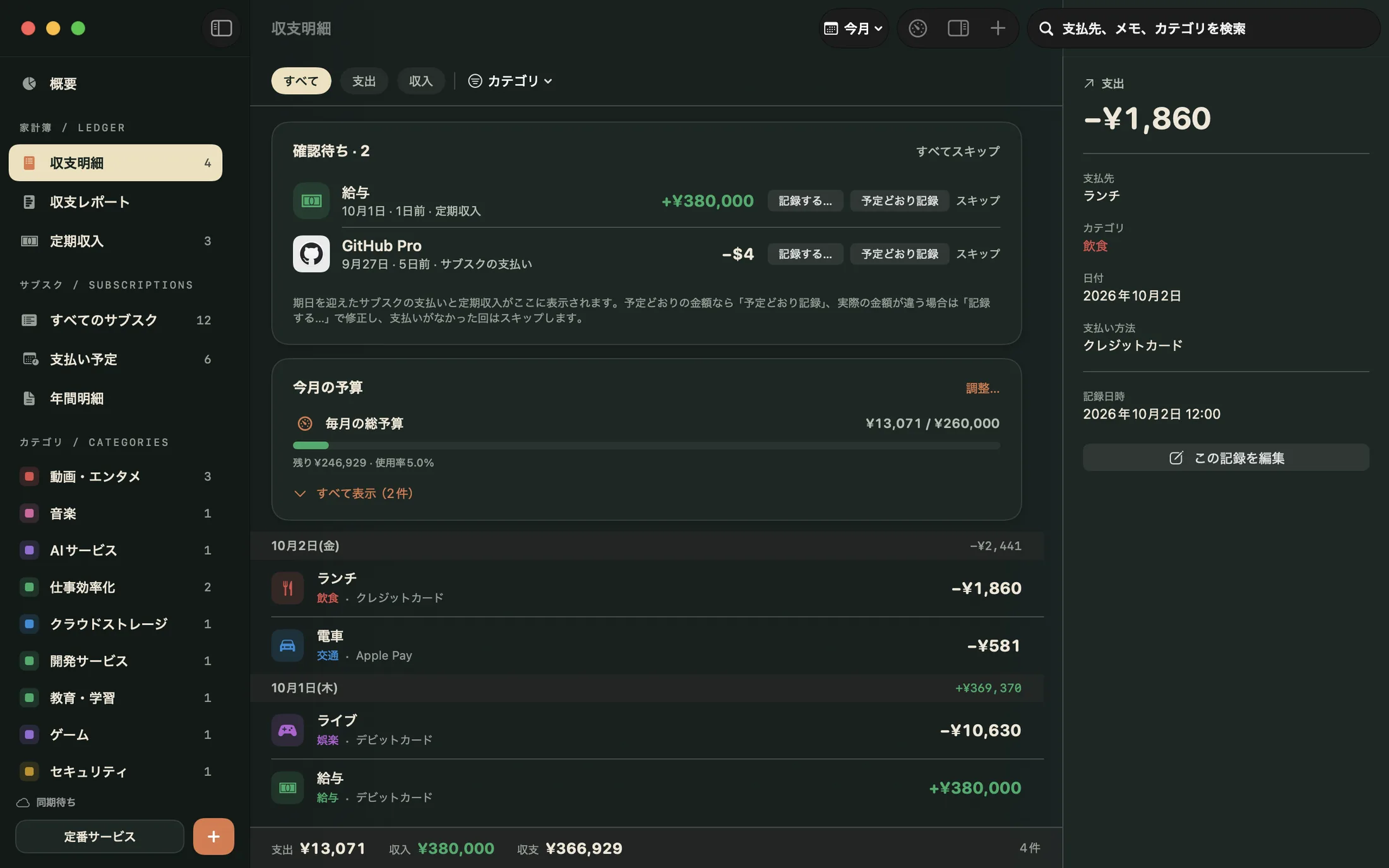 MiliのMac版の家計簿画面：日ごとにまとめた収支と今月の予算