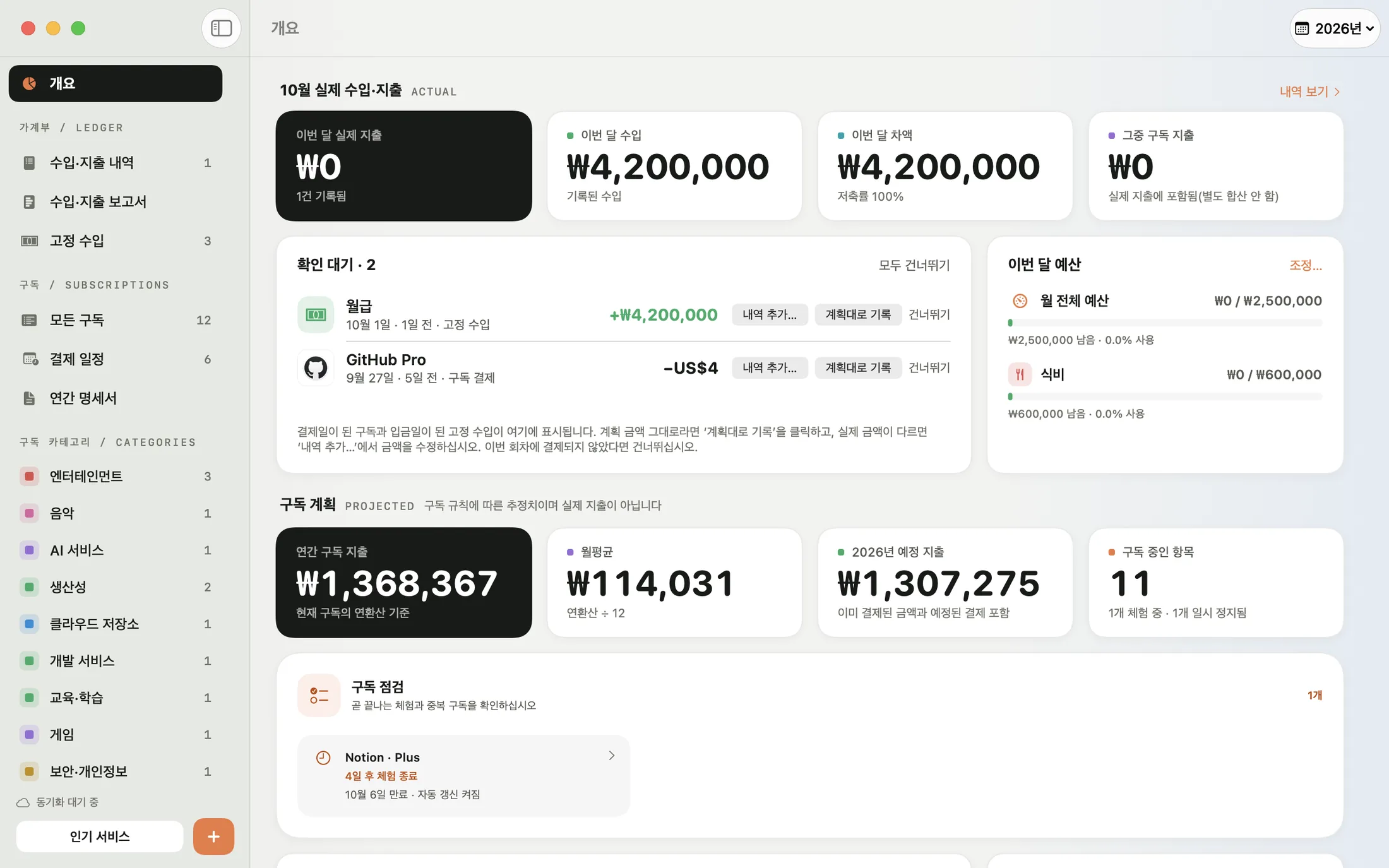 Mac용 Mili의 개요 화면: 월평균 지출, 연간 월별 결제, 구독 점검
