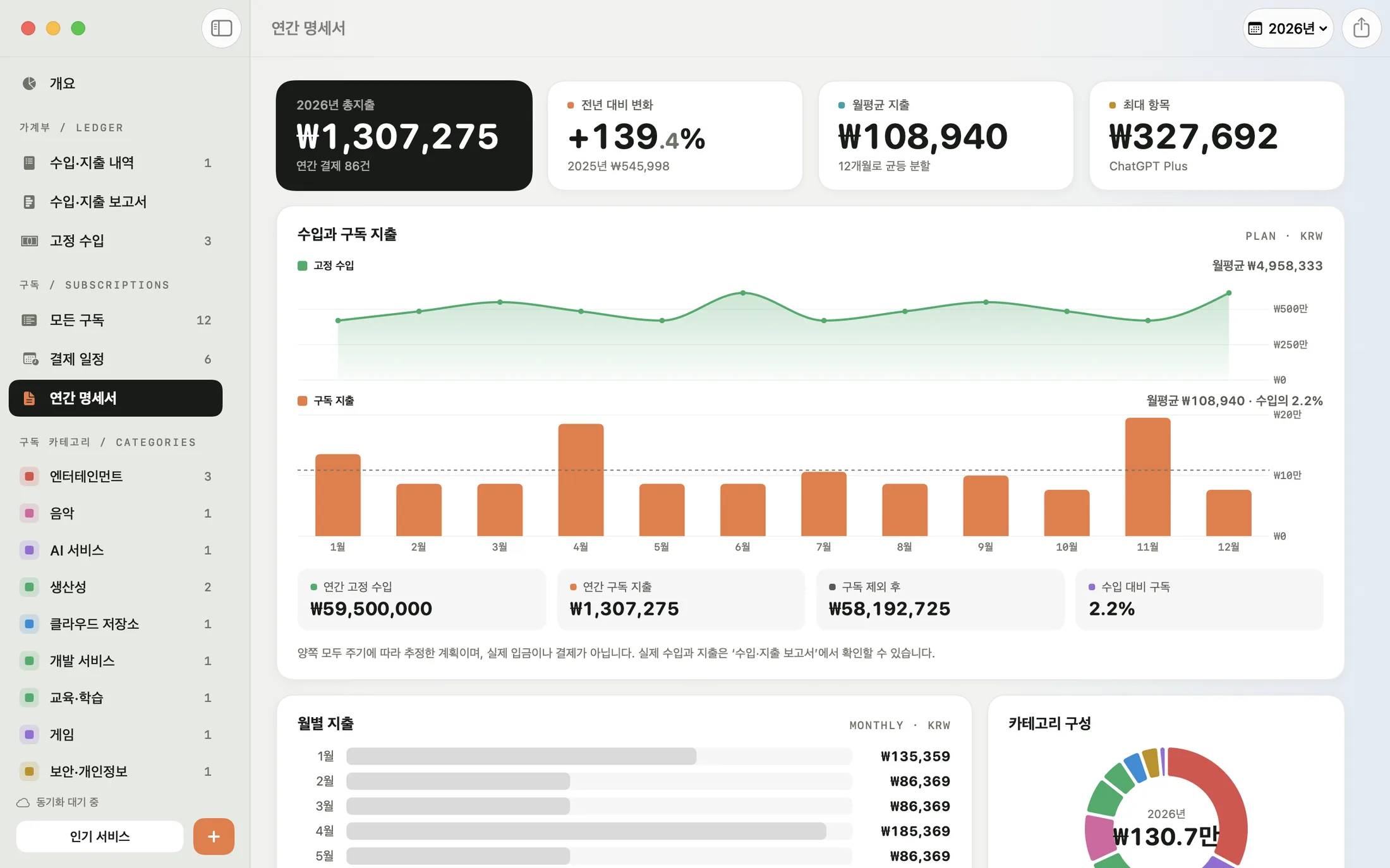 Mac용 Mili의 연간 명세서: 연간 지출, 카테고리 비중, 서비스별 내역
