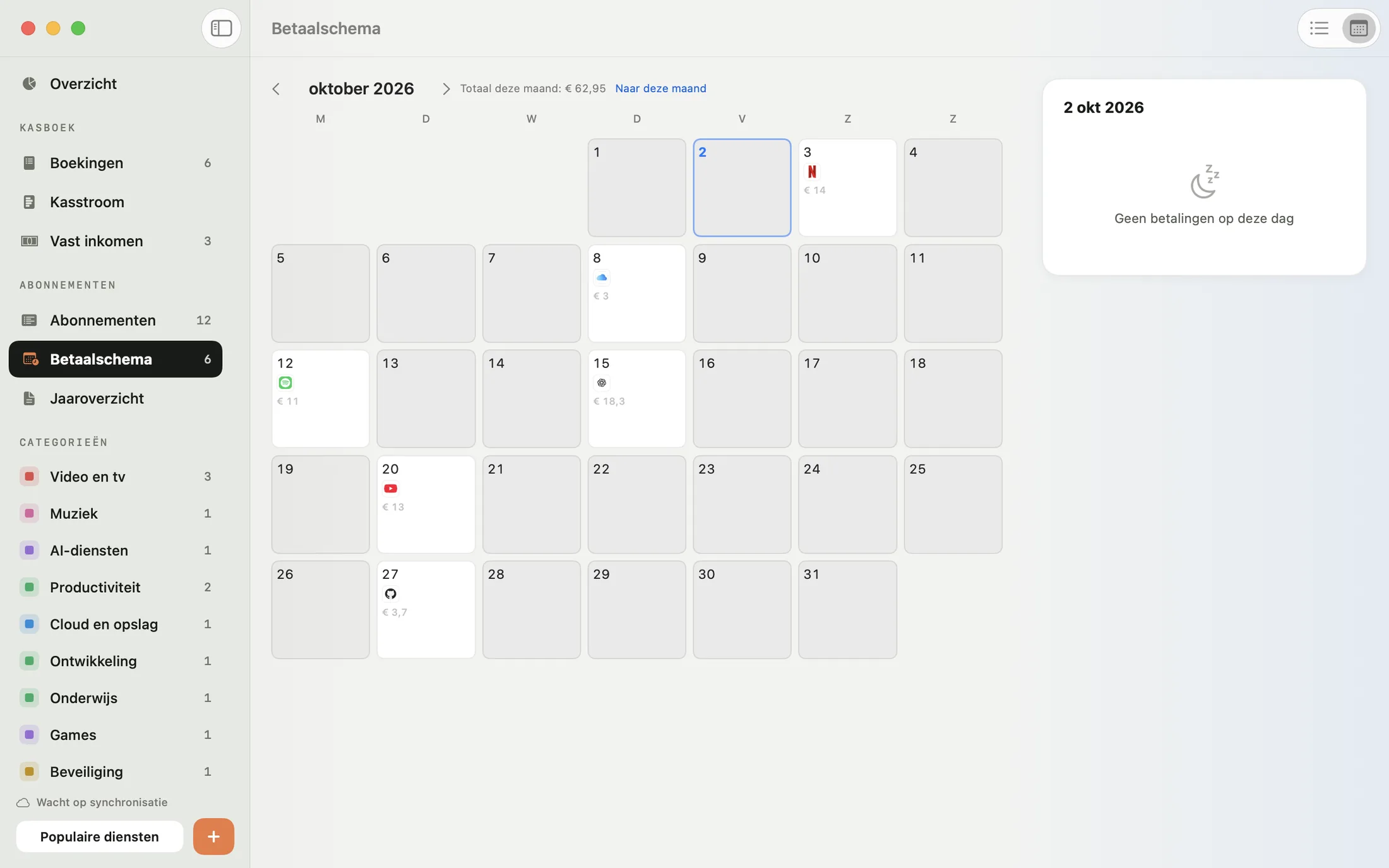 Betaalkalender in Mili voor Mac: de abonnementen die per dag worden betaald en het totaal van deze maand