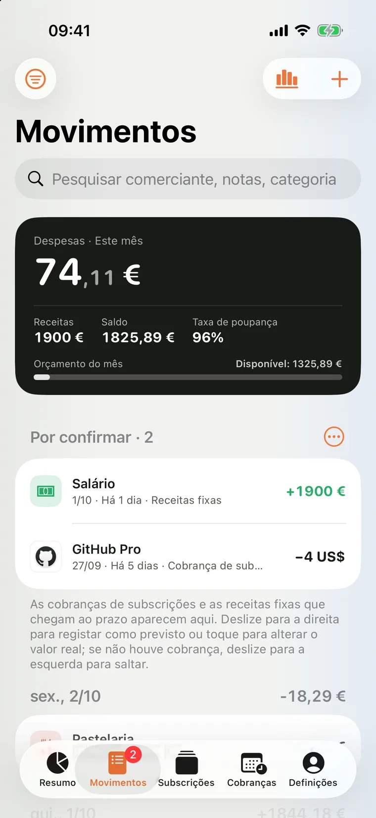 Página Movimentos do Mili para iPhone