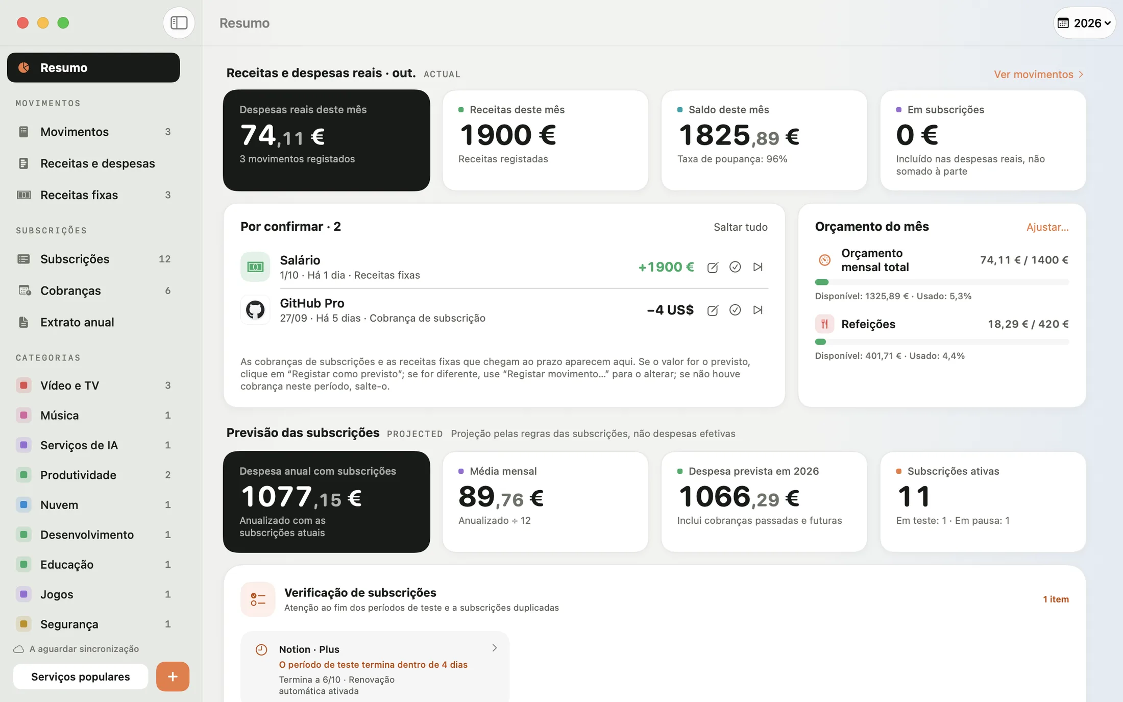 Resumo do Mili para Mac: média mensal de despesas, cobranças mês a mês do ano e verificação de subscrições