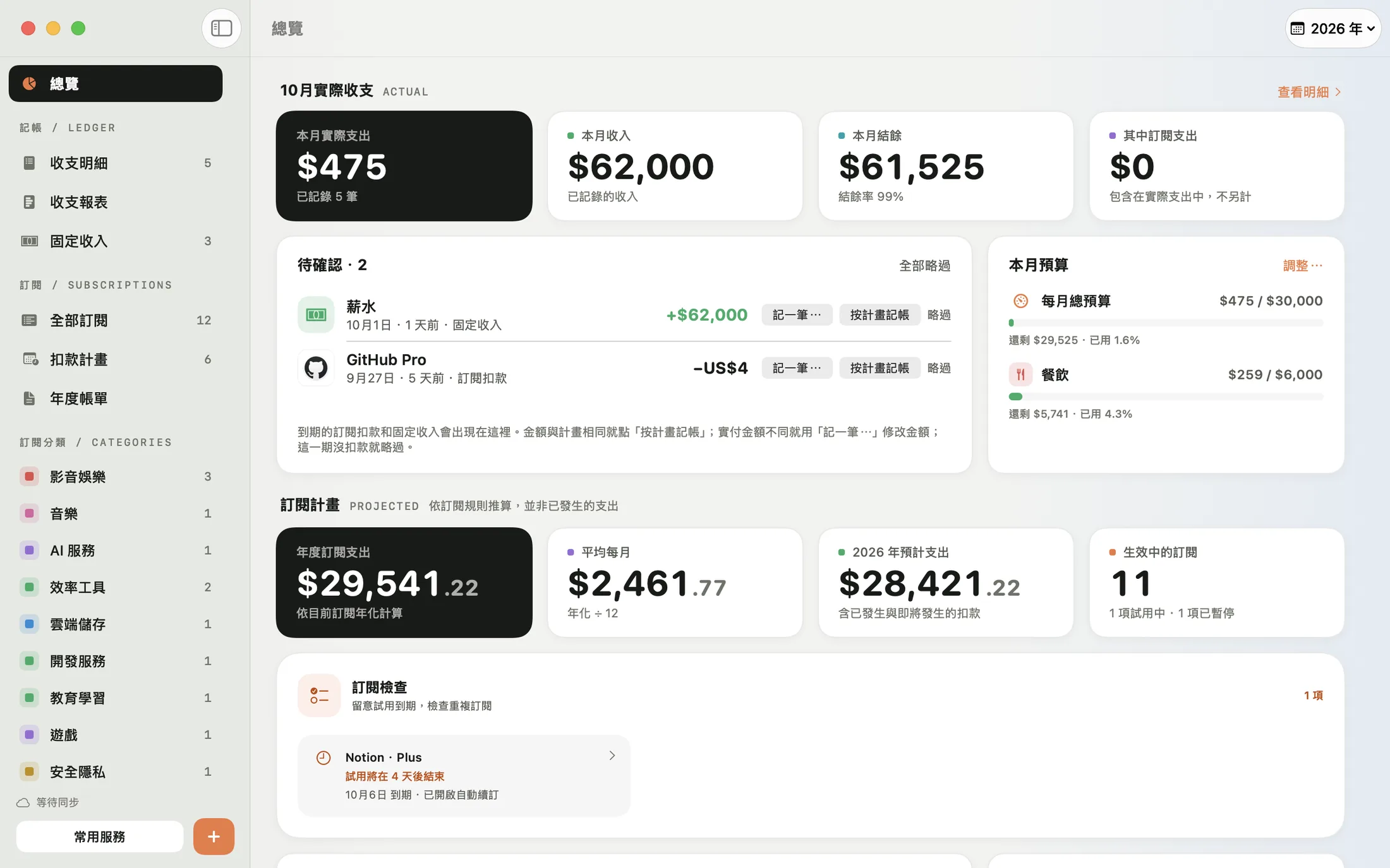 米粒 Mac 版的總覽：平均每月支出、全年逐月扣款和訂閱檢查