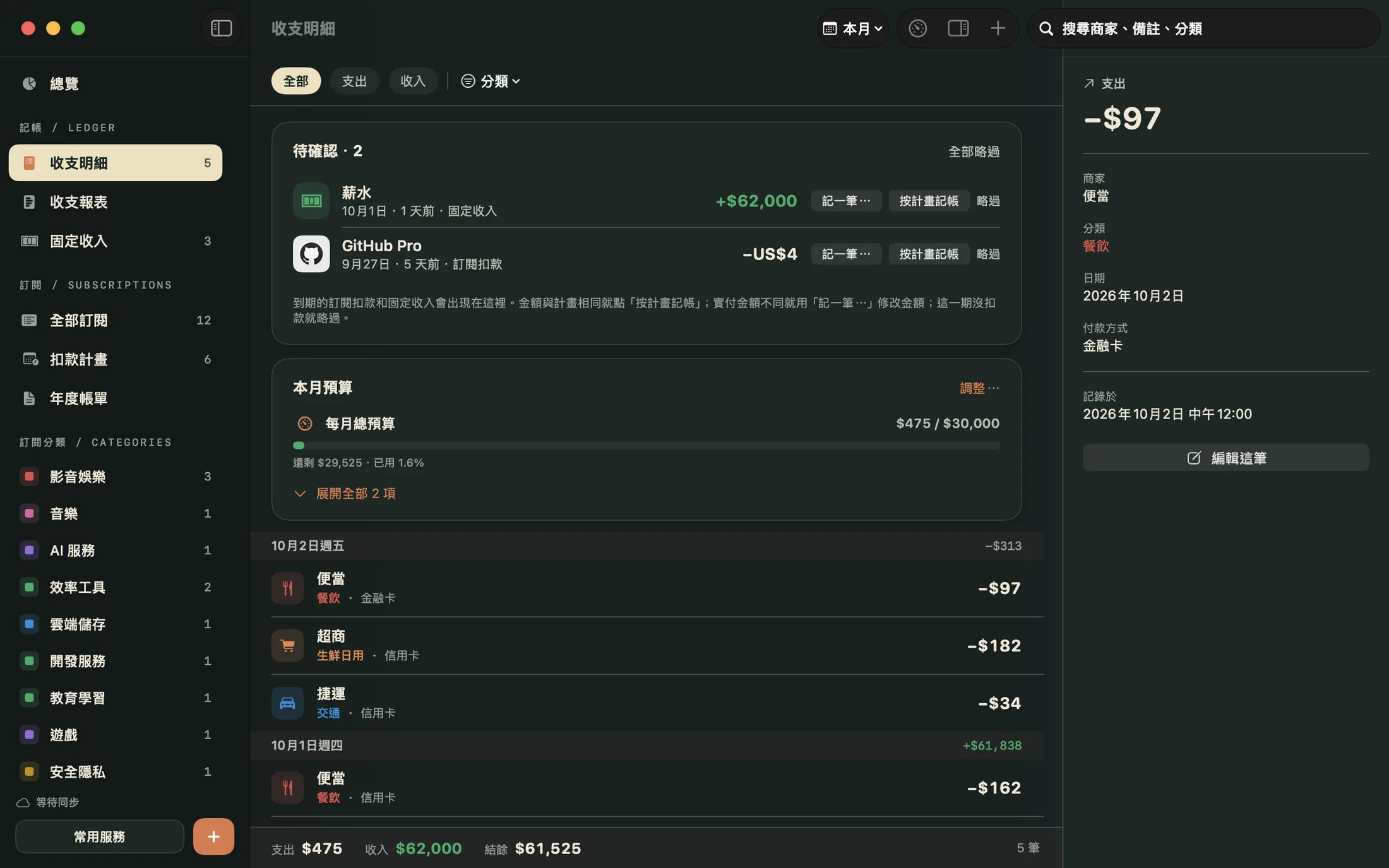 米粒 Mac 版的記帳頁面：依日期分組的收支和本月預算